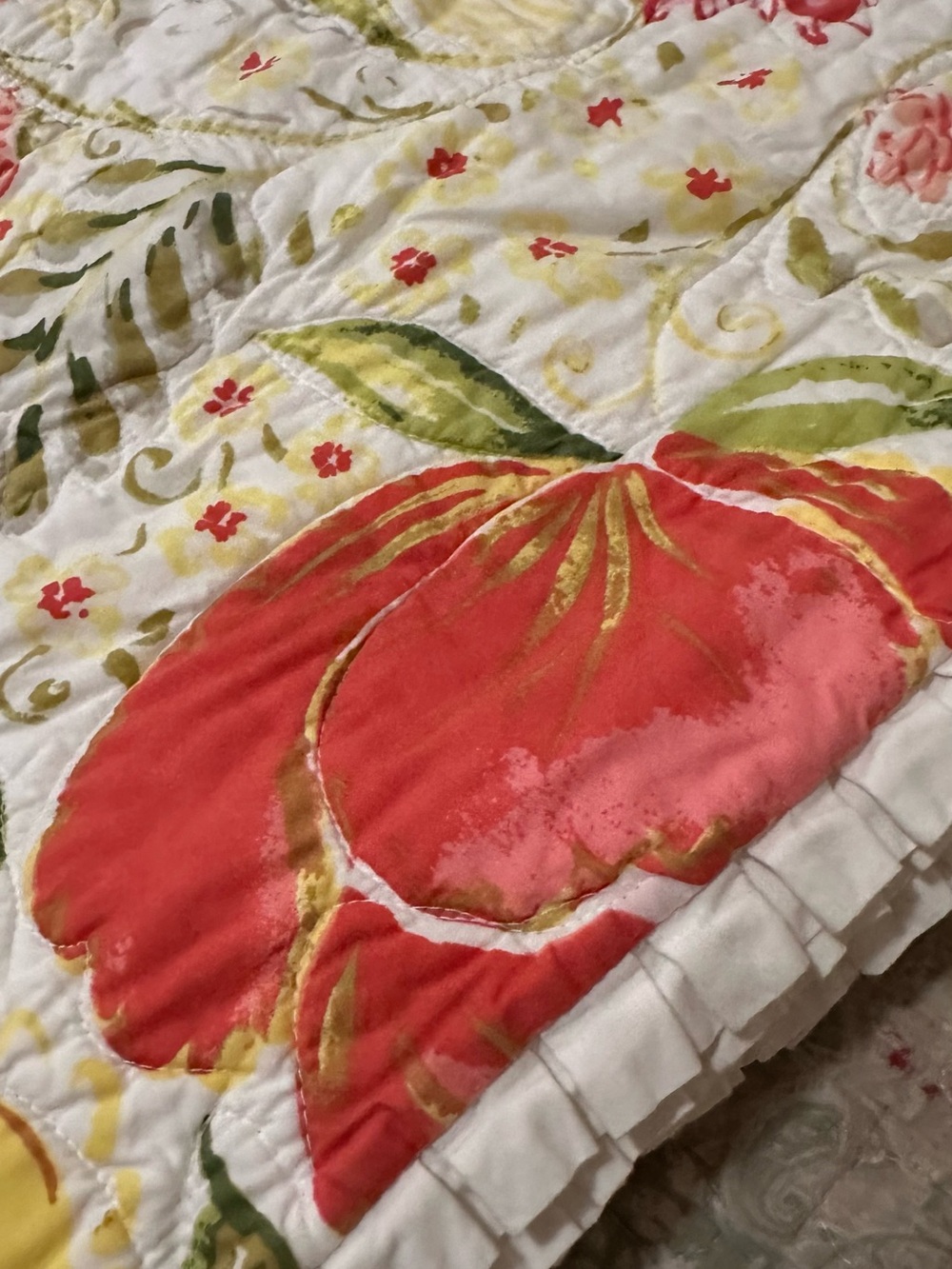 Floral Quilted Coverlet in Yellow, Coral & Green.90*90in. Cotton